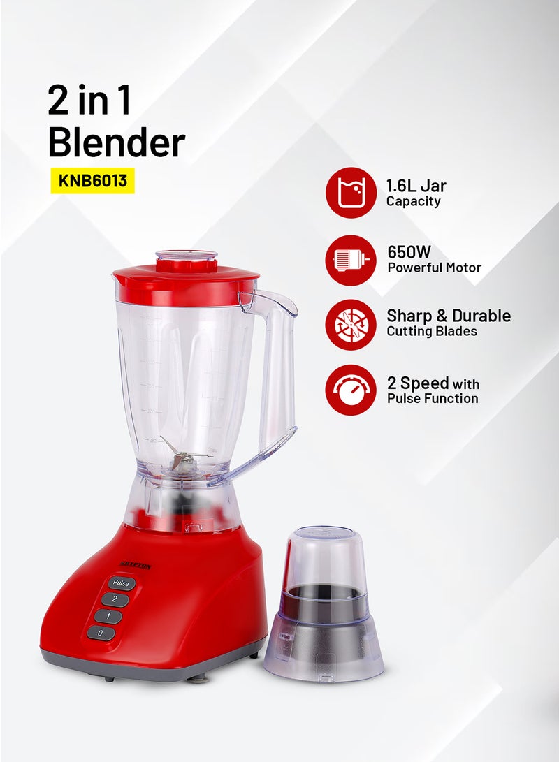 2-In-1 Blender- 1.6 Liter, 650 W, Powerful Motor With 2 Speed Setting And Pulse,2 Years Warranty 1.6 L 650 W KNB6013N Red