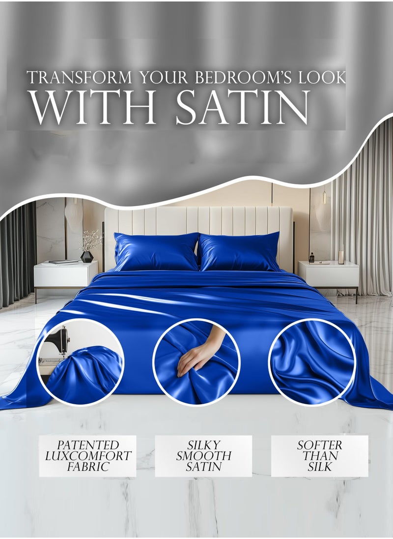 4 Piece Luxury Silk bed sheets  Full Bedding Set 1 Flat Sheet 1 Fitted Sheet  2 Pillow Cases  Silky Satin blue