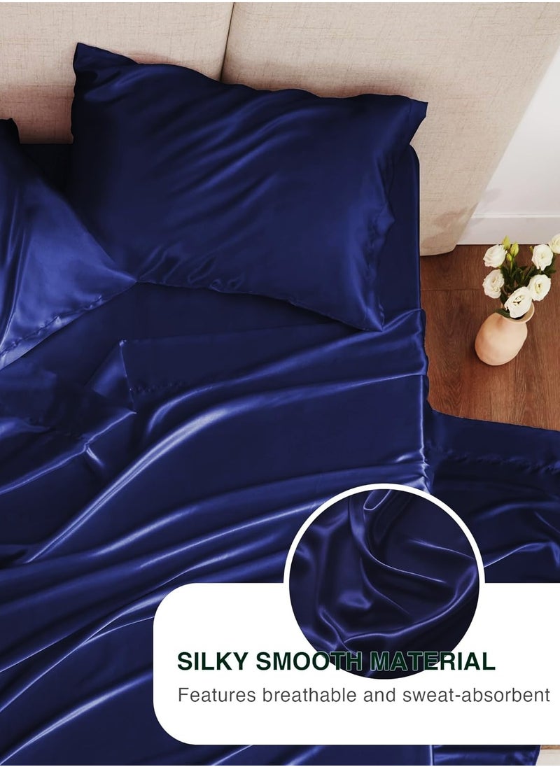 4 Piece Luxury Silk bed sheets  Full Bedding Set 1 Flat Sheet 1 Fitted Sheet  2 Pillow Cases  Silky Satin blue