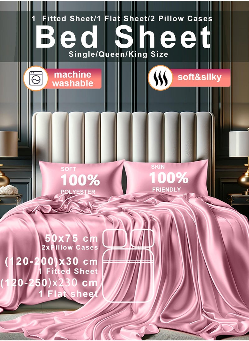 4 Piece Luxury Silk Feel Satin bed sheets  Full Bedding Set 1 Flat Sheet1 Fitted Sheet  2 Pillow Cases  Silky Satin pink