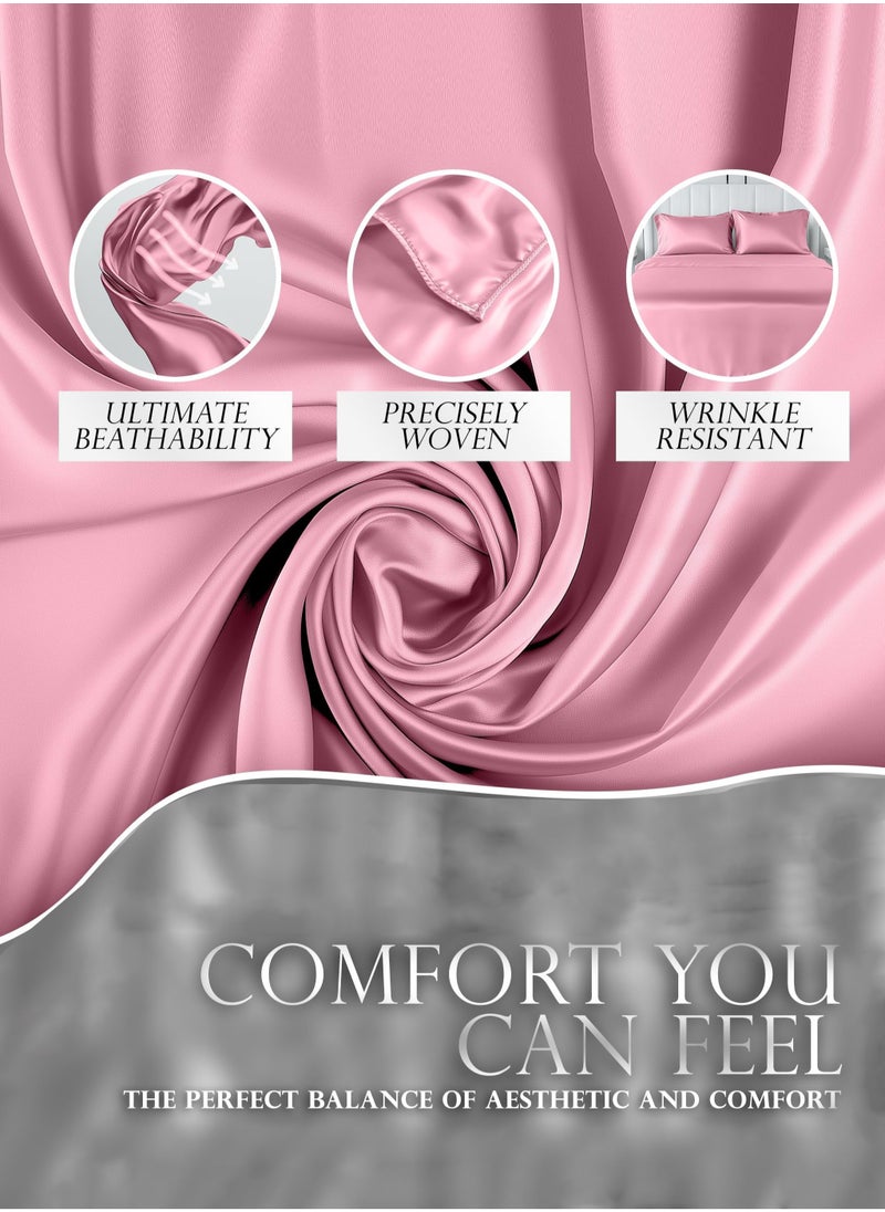 4 Piece Luxury Silk Feel Satin bed sheets  Full Bedding Set 1 Flat Sheet1 Fitted Sheet  2 Pillow Cases  Silky Satin pink