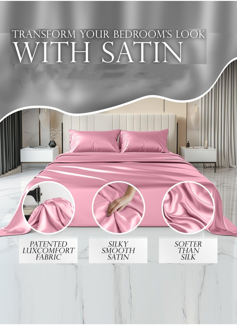 4 Piece Luxury Silk Feel Satin bed sheets  Full Bedding Set 1 Flat Sheet1 Fitted Sheet  2 Pillow Cases  Silky Satin pink