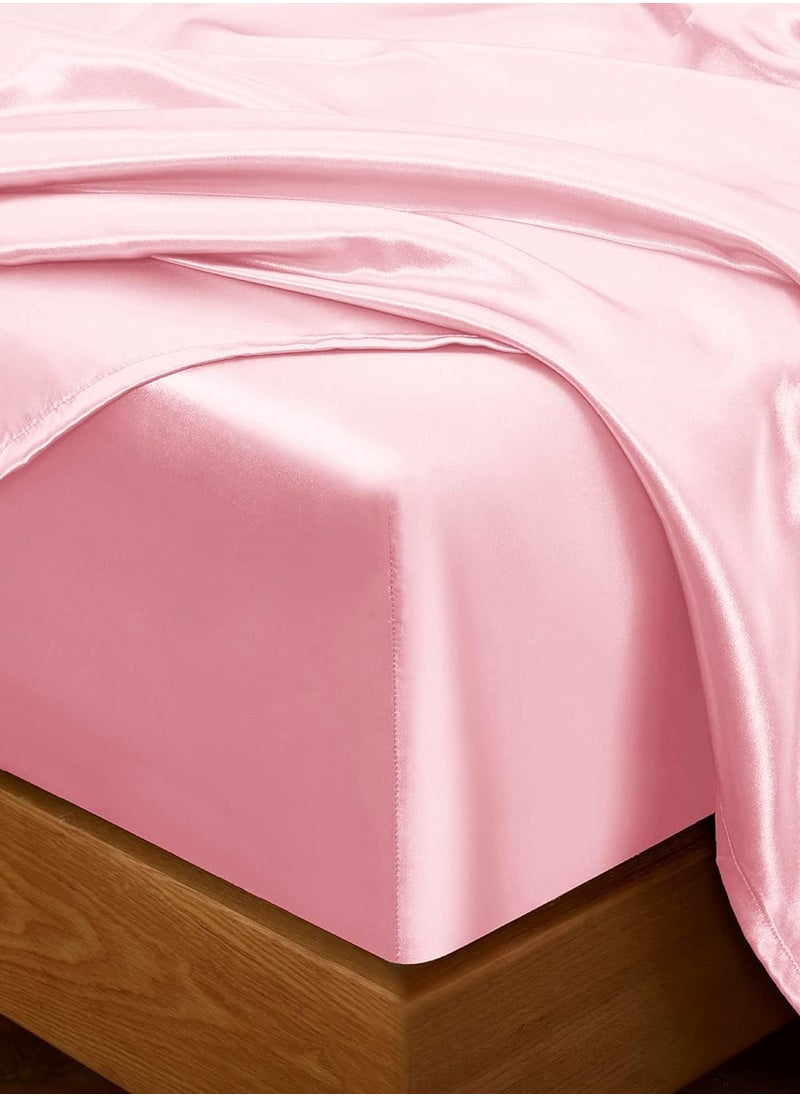 4 Piece Luxury Silk Feel Satin bed sheets  Full Bedding Set 1 Flat Sheet1 Fitted Sheet  2 Pillow Cases  Silky Satin pink