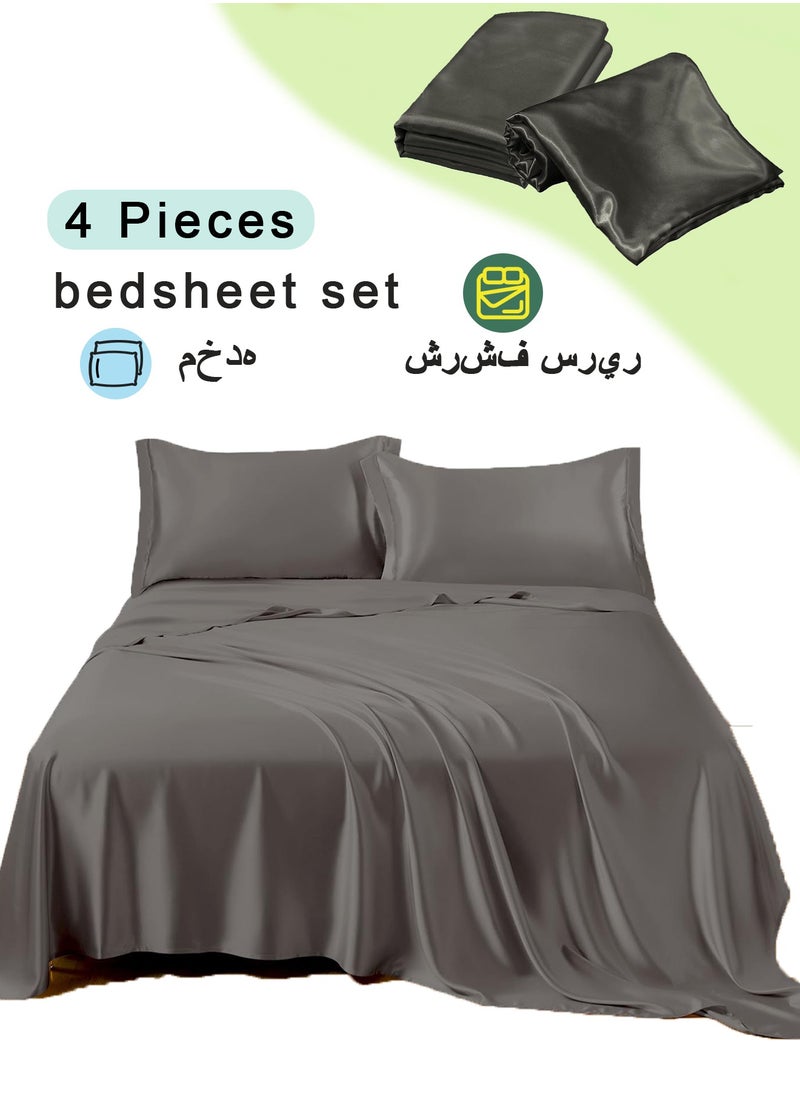 4 PieceLuxury Silk Feel Satin bed sheets Full Bedding Set 1 Flat Sheet 1 Fitted Sheet  2 Pillow Cases  Silky Satin dark grey