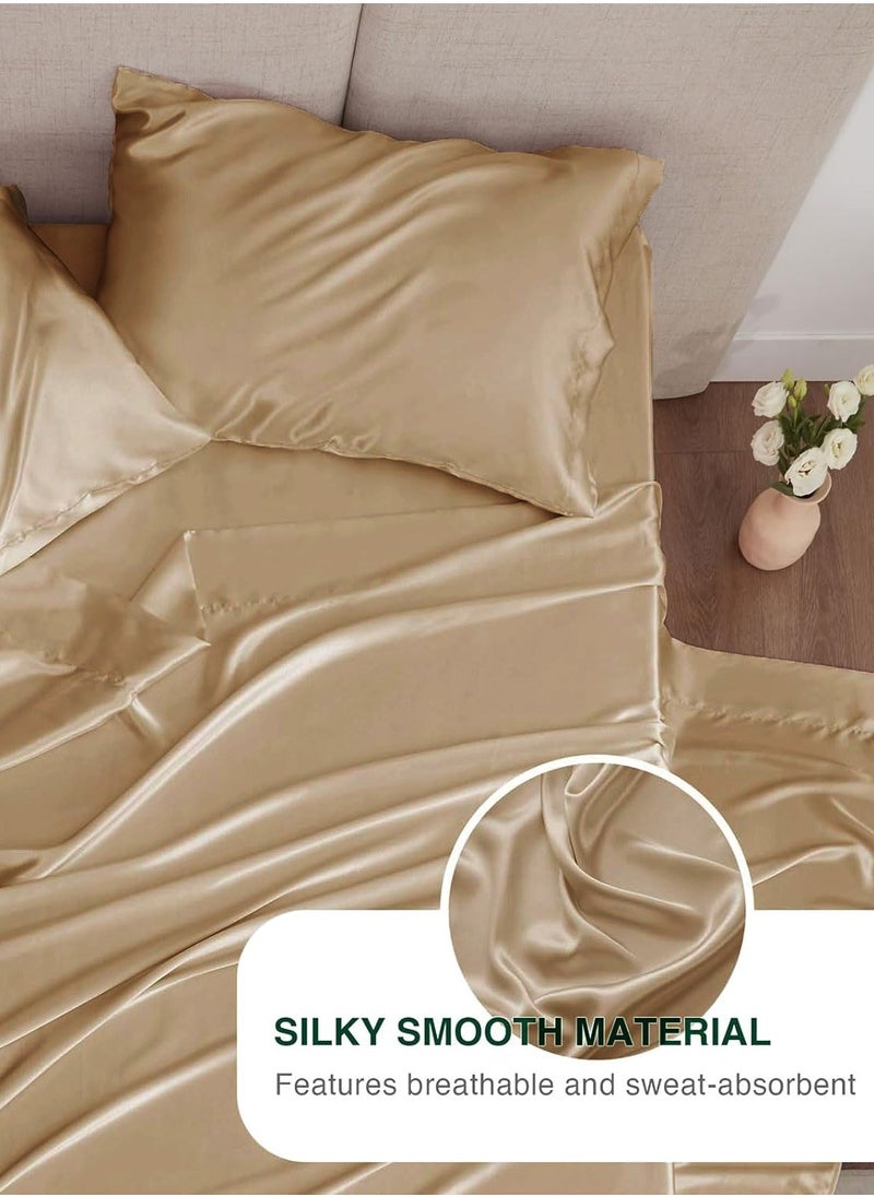 4 Piece Luxury Silk Feel Satin bed sheets Full Bedding Set 1 Flat Sheet 1 Fitted Sheet  2 Pillow Cases Silky Satin Khaki