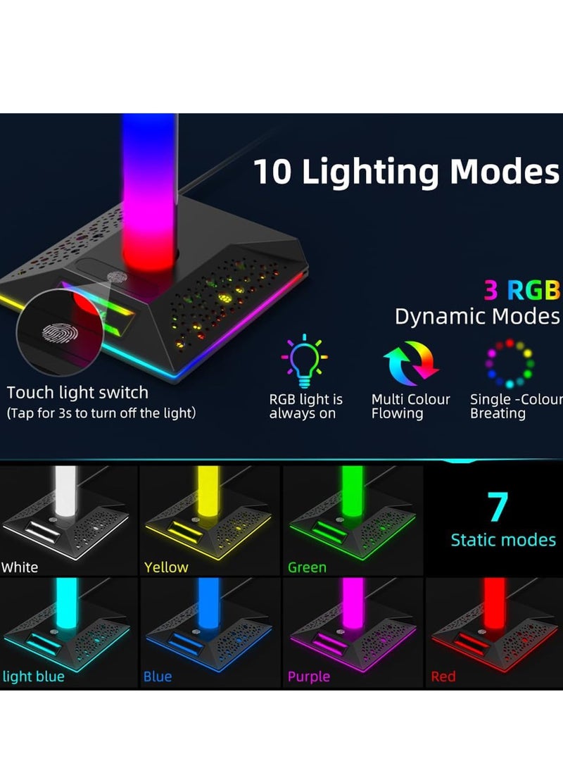 Gaming Controller Holder, Headphone Stand With 2 USB Port and 1 Type-C, Game Controller Stand with 10 RGB Light Modes and Memory Feature, Universal Desk Gaming Headset Stand Accessories