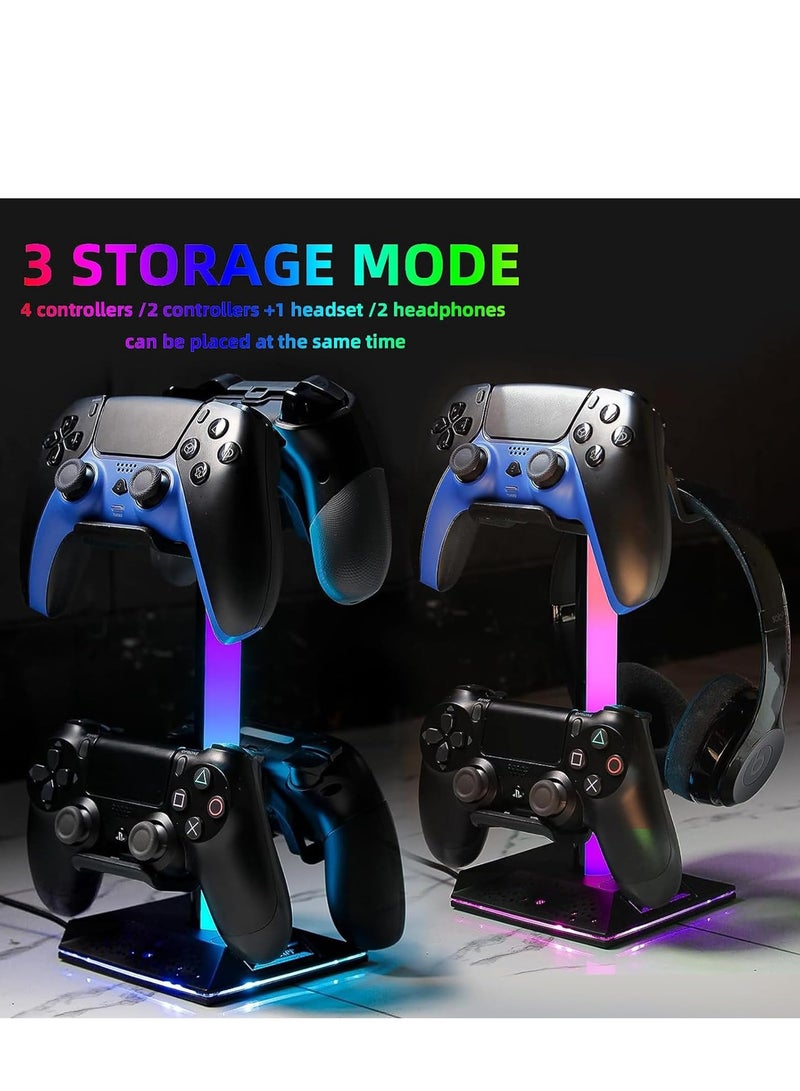 Gaming Controller Holder, Headphone Stand With 2 USB Port and 1 Type-C, Game Controller Stand with 10 RGB Light Modes and Memory Feature, Universal Desk Gaming Headset Stand Accessories