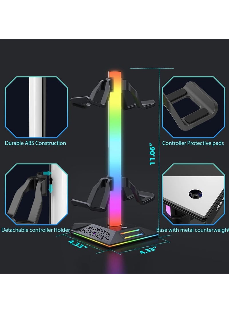 Gaming Controller Holder, Headphone Stand With 2 USB Port and 1 Type-C, Game Controller Stand with 10 RGB Light Modes and Memory Feature, Universal Desk Gaming Headset Stand Accessories