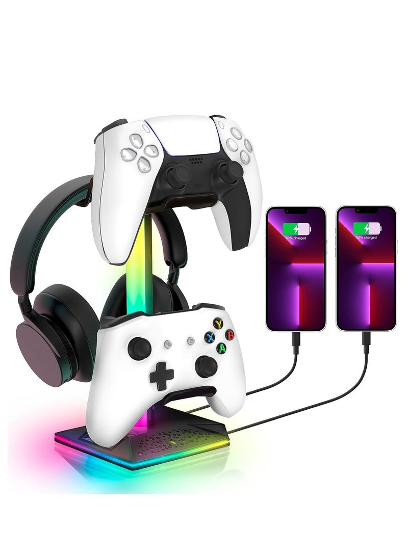 Gaming Controller Holder, Headphone Stand With 2 USB Port and 1 Type-C, Game Controller Stand with 10 RGB Light Modes and Memory Feature, Universal Desk Gaming Headset Stand Accessories