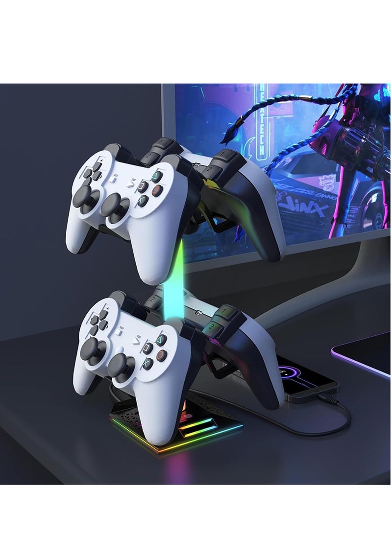 Gaming Controller Holder, Headphone Stand With 2 USB Port and 1 Type-C, Game Controller Stand with 10 RGB Light Modes and Memory Feature, Universal Desk Gaming Headset Stand Accessories