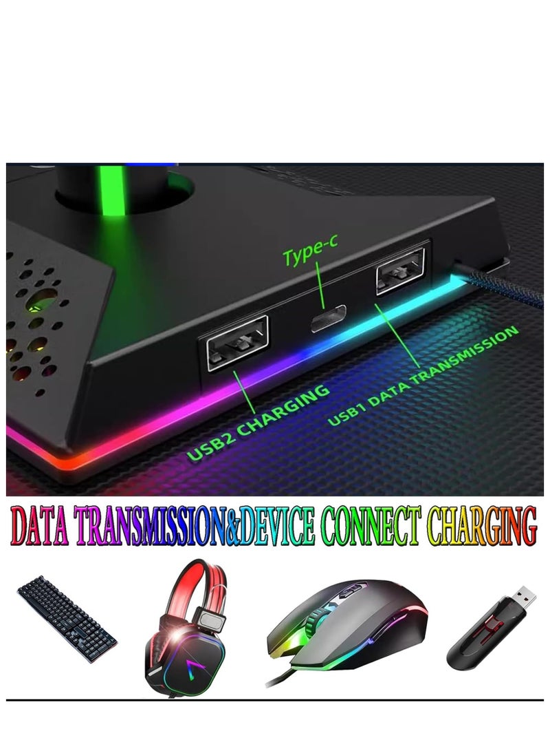 Gaming Controller Holder, Headphone Stand With 2 USB Port and 1 Type-C, Game Controller Stand with 10 RGB Light Modes and Memory Feature, Universal Desk Gaming Headset Stand Accessories