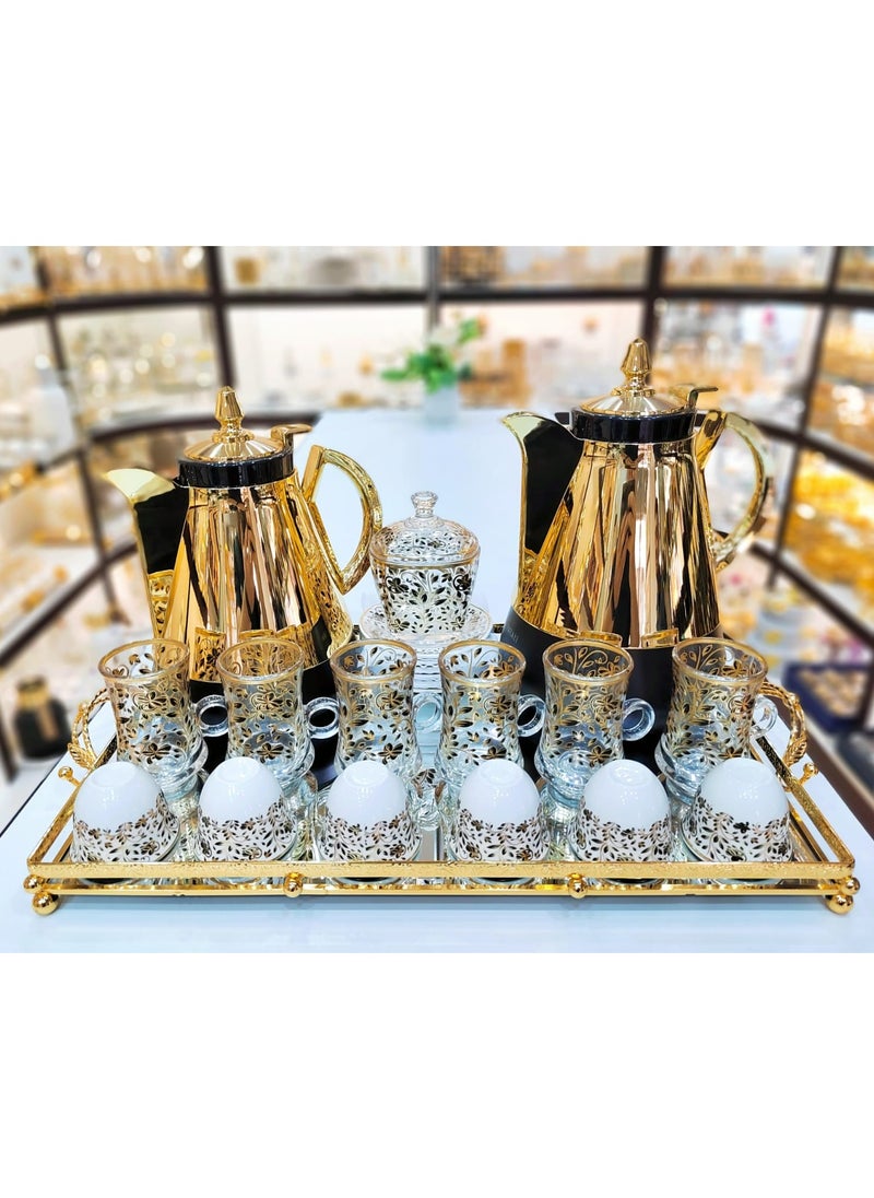 Indulge In Luxury With The Arabic Style Thermose Gold With Silver Design Set Complete With 6Tea Cup 6 Soucer 6Cawa Cup 1Tray And 1Sugar Bowl For Elegant Tea Or Coffee Enjoyment