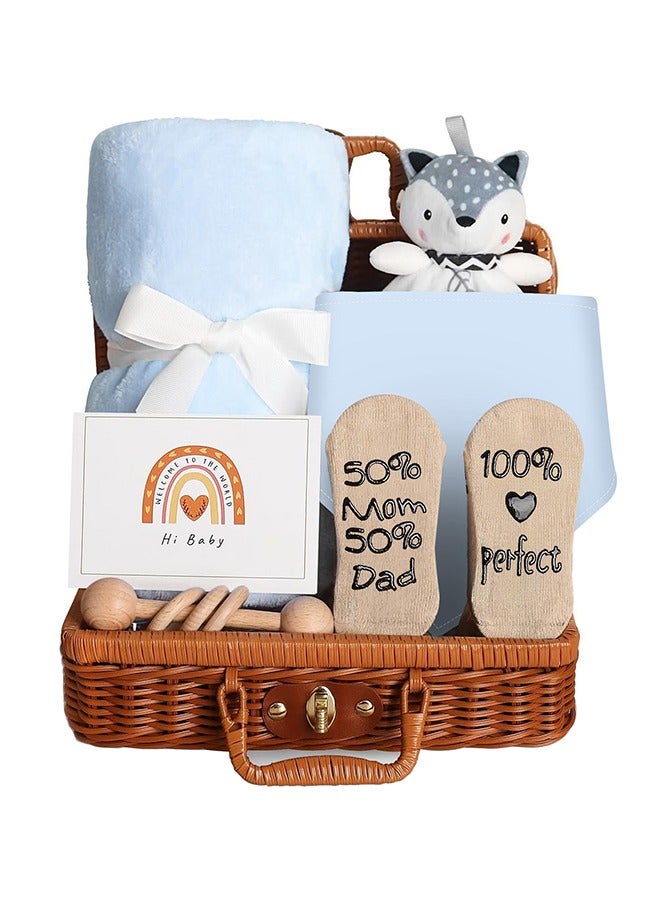 Baby Gift Basket, Newborn Gift Set with Baby Rattle, Newborn Baby Gift Set, Newborn Baby Gifts, Medium Baby Gift Basket Kit for Expecting Moms(BLUE)