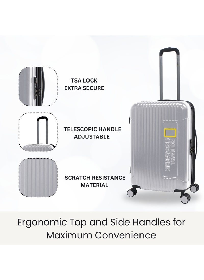 National Geographic Canyon ABS/PC Hardshell Luggage Set Silver, Durable Lightweight Expandable Anti-theft Zipper TSA Lock Travel Suitcase, 4 Double Wheel 3pcs Trolley Bag (20+24+28 Inch).