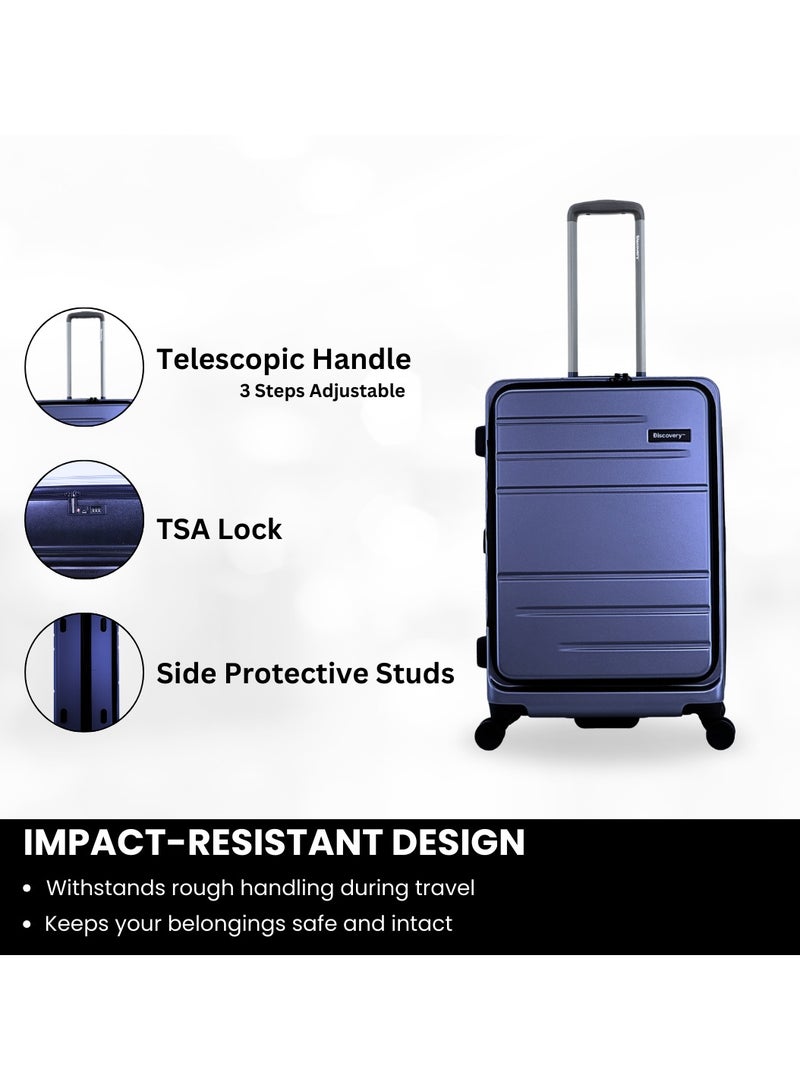 Discovery Patrol Hardside Check-In Large Travel Suitcase, 100% PC Durable Ultra Lightweight Hard Shell Expandable Luggage, 4 Double Wheel, TSA Lock Trolley Bag Black (71 cm/28 Inch) Metallic Blue.