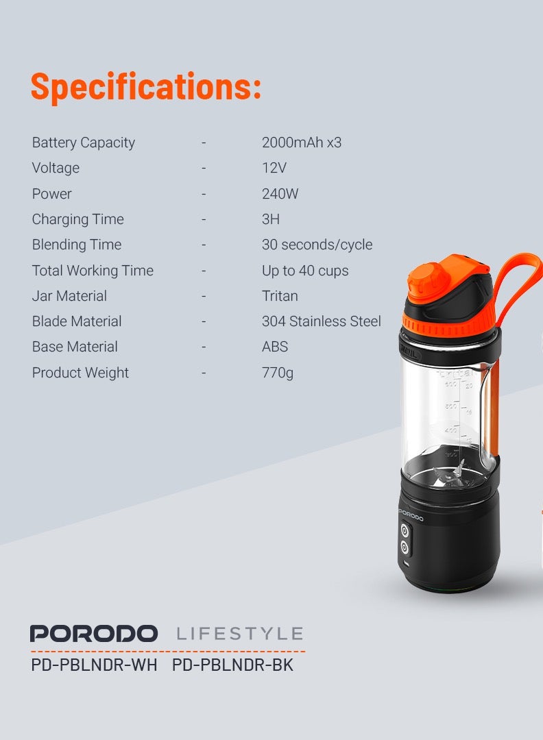 Dual Spin Clockwise & Reverse Portable Blender / 700ml / 2000mAh x3 Battery Capacity / Stainless Steel Blades / ABS Base / 3 Hours Charging Time / 240W Power - Black