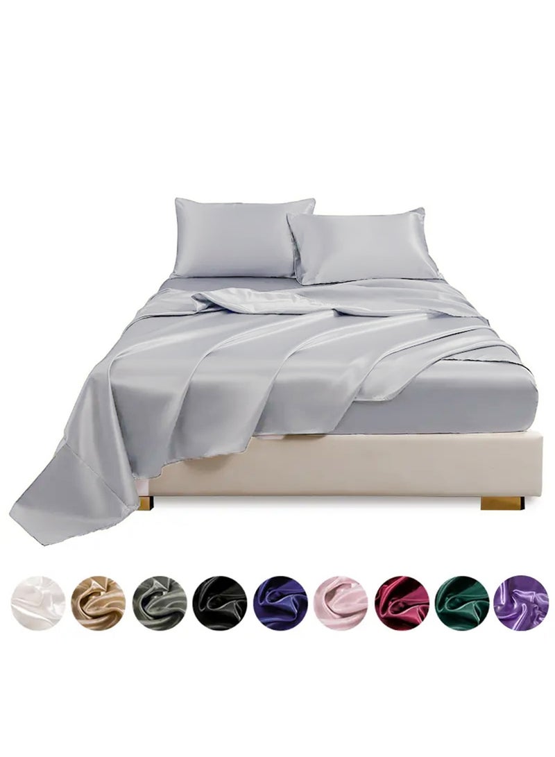 4 Piece Luxury Silk Feel Satin bed sheets Full Bedding Set 1 Flat Sheet 1 Fitted Sheet 2 Pillow Cases  Silky Satin light grey