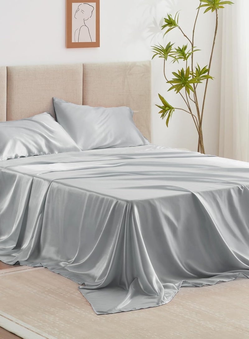 4 Piece Luxury Silk Feel Satin bed sheets Full Bedding Set 1 Flat Sheet 1 Fitted Sheet 2 Pillow Cases  Silky Satin light grey