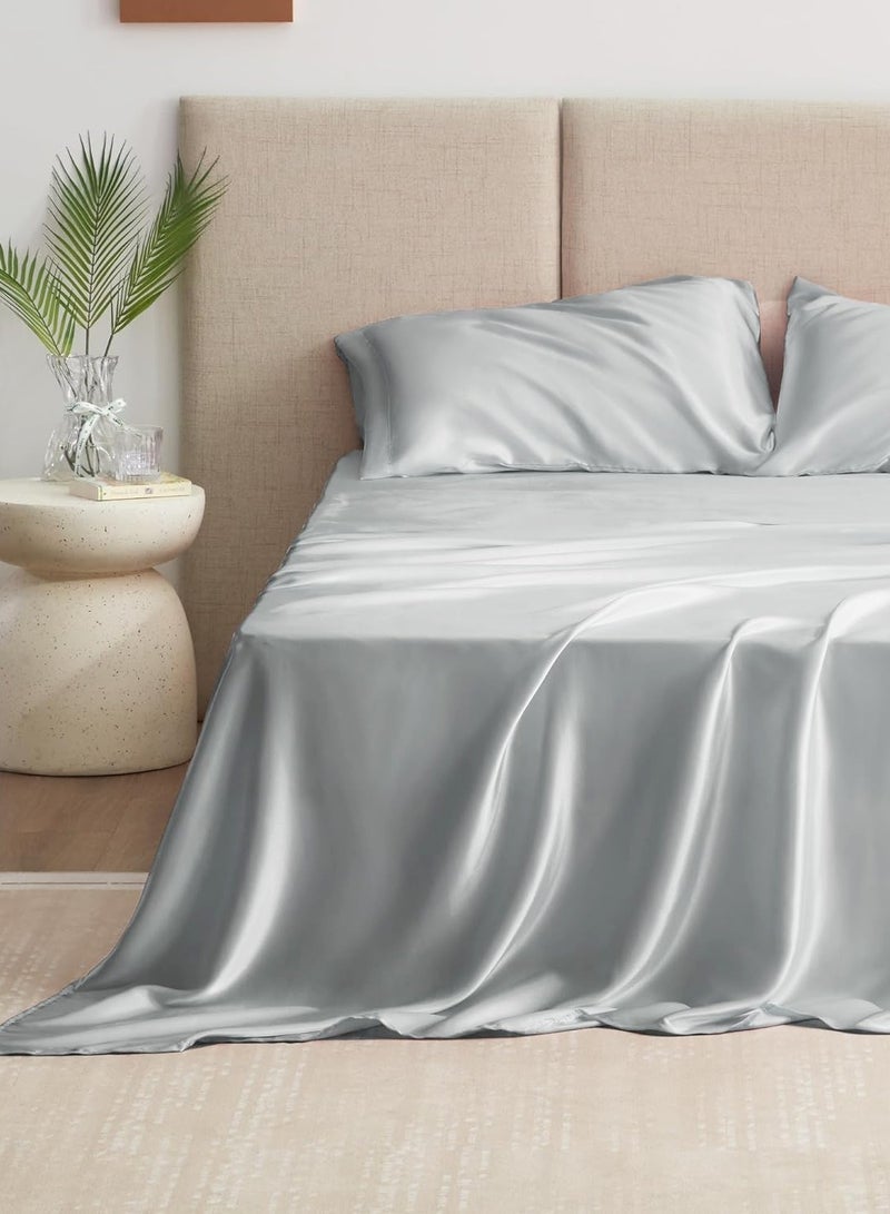 4 Piece Luxury Silk Feel Satin bed sheets Full Bedding Set 1 Flat Sheet 1 Fitted Sheet 2 Pillow Cases  Silky Satin light grey