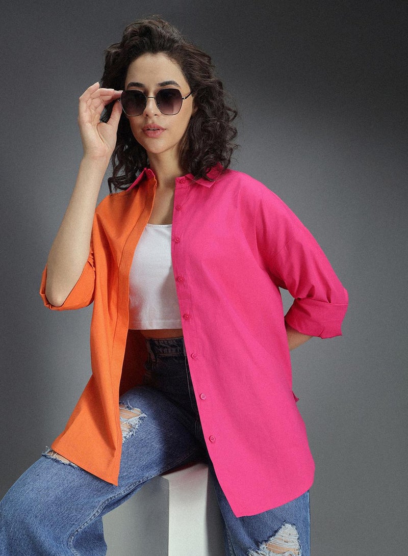 Women's Multicolor Colorblocked Oversized Pure Cotton Shirt