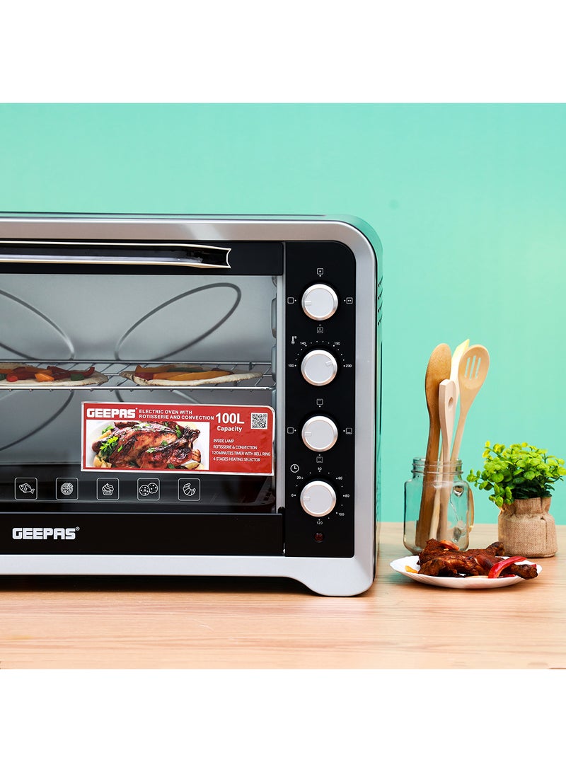 100 L Electric Oven| Convection and Rotisserie Function|Perfect for Grilling, Toasting and Roasting| 4 Knobs and Temperature 100-250-Degrees Celsius| 120 Minute Timer with Bell, Inside Lamp| 2800W and Stainless Steel Heating Elements | 2 Years Warranty 100 L 2800 W GO34027 Silver