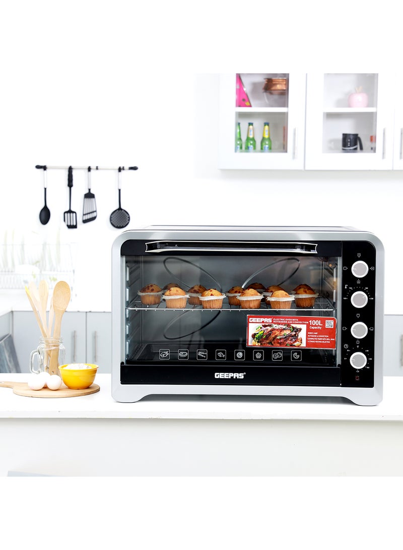 100 L Electric Oven| Convection and Rotisserie Function|Perfect for Grilling, Toasting and Roasting| 4 Knobs and Temperature 100-250-Degrees Celsius| 120 Minute Timer with Bell, Inside Lamp| 2800W and Stainless Steel Heating Elements | 2 Years Warranty 100 L 2800 W GO34027 Silver