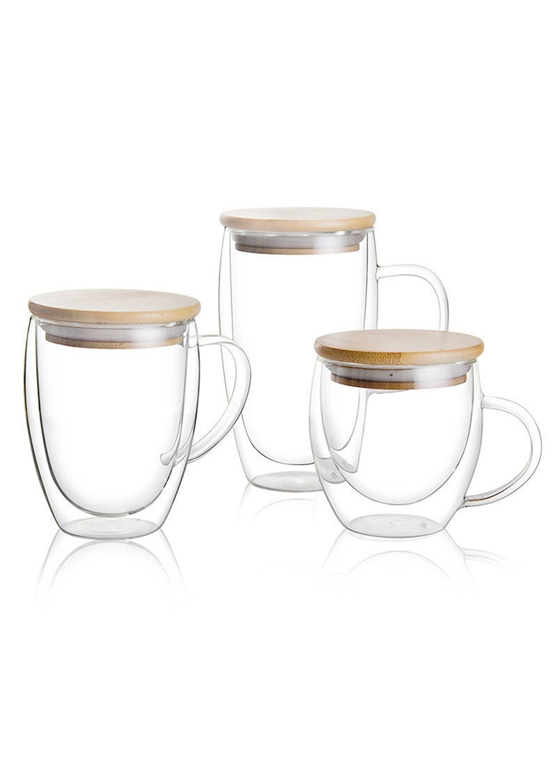 Double Walled Coffee Cups With Handle Bamboo Lid Set Includes 1xLarge 450ml, 1xMedium 350ml, 1xSmall 250ml