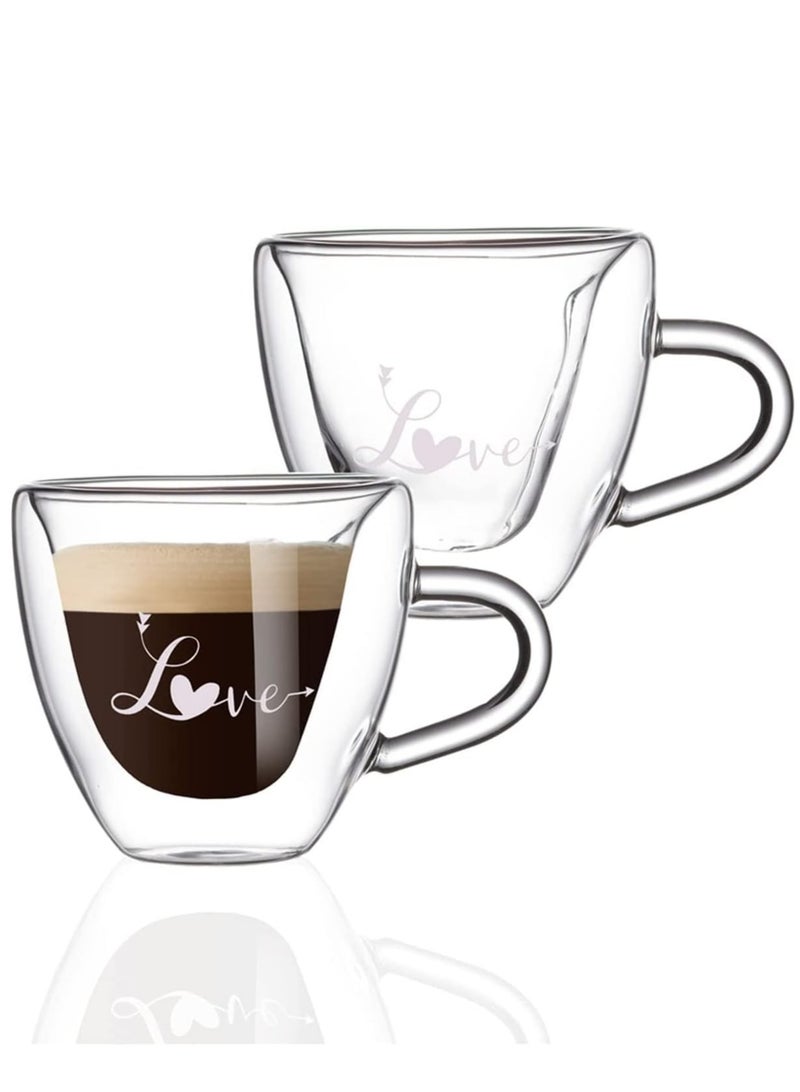 2-Piece Heart Shaped Double Wall Love Printed Glass Mug with Handle Clear Clear