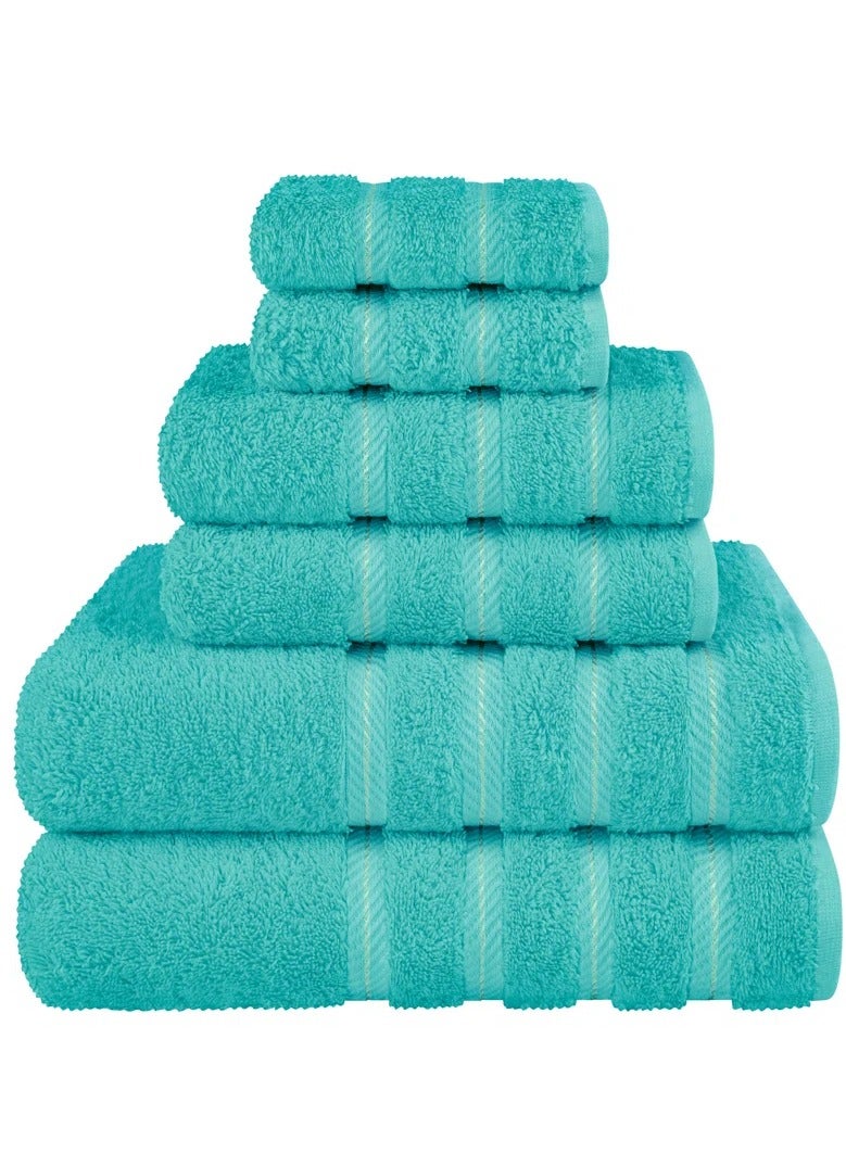 Towel Set Luxury Hotel Quality 600 GSM Genuine Combed Cotton, Super Soft & Absorbent Family Bath Towels 6 Piece Set -  2 Bath Towels, 2 Hand Towels, 2 Washcloths - Turquoise Blue