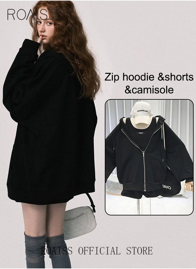 Women 3 Piece Set Hooded Long Sleeve Sweatshirt with Zip & Anti Exposure Camisole Tank Top & Shorts Classic and Timeless Solid Color Design Loose Fit to Enhance the Figure