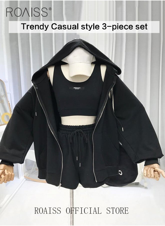 Women 3 Piece Set Hooded Long Sleeve Sweatshirt with Zip & Anti Exposure Camisole Tank Top & Shorts Classic and Timeless Solid Color Design Loose Fit to Enhance the Figure
