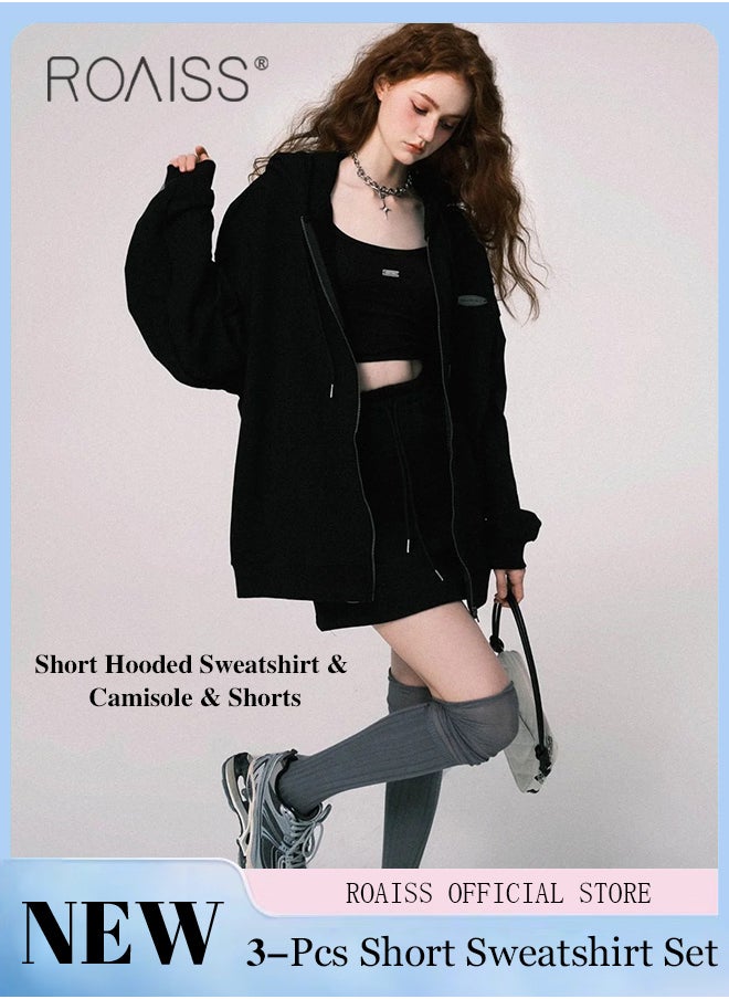 Women 3 Piece Set Hooded Long Sleeve Sweatshirt with Zip & Anti Exposure Camisole Tank Top & Shorts Classic and Timeless Solid Color Design Loose Fit to Enhance the Figure