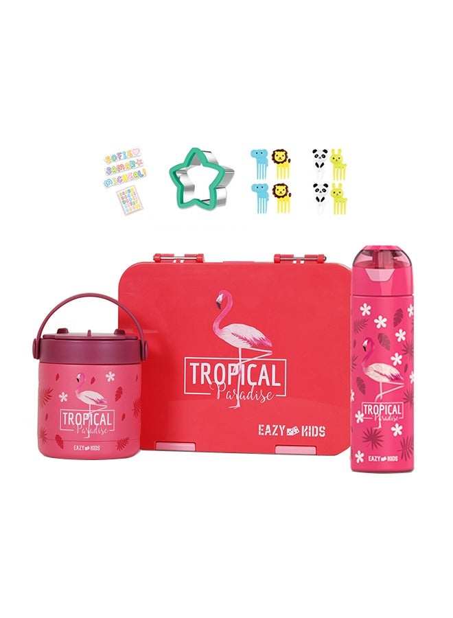 6 And 4 Convertible Compartment Bento Lunch Box With Stainless Steel Water Bottle 640 Ml, Sandwich Cutter Set And Food Jar - Tropical Pink