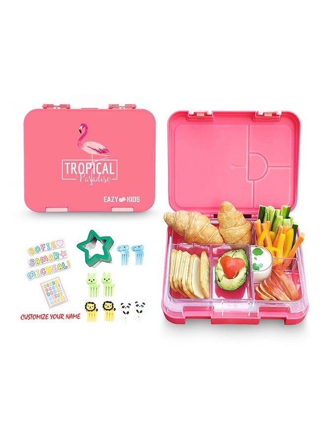 6 And 4 Convertible Compartment Bento Lunch Box With Stainless Steel Water Bottle 640 Ml, Sandwich Cutter Set And Food Jar - Tropical Pink