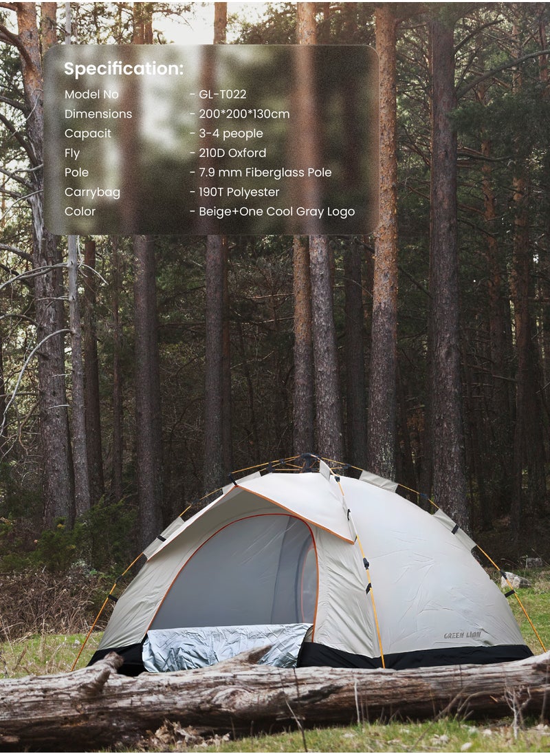 GT-3 Camping Tent / 3-4 People Capacity / 210D Oxford Floor / Polyester Silver Coating Fly / UV Protection / Lightweight / Waterproof / Ventilated Mesh / Windproof Rope - Beige