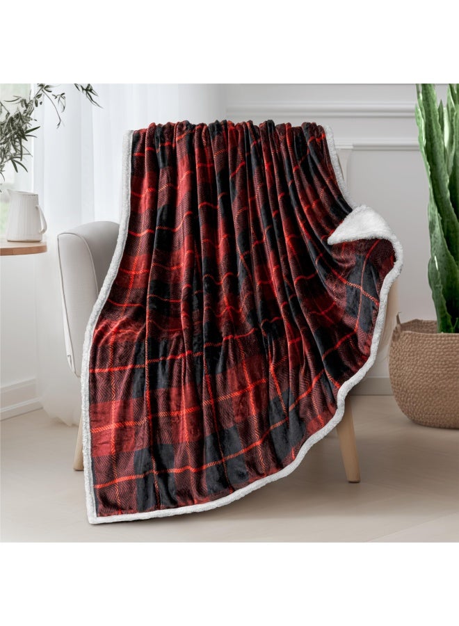 130Cm X 150Cm Plaid Red  Premium Plaid Fleece Sherpa Throw Blanket Super Soft Cosy Lightweight Microfiber Reversible All Season For Couch Or Bed Red 130Cm X 150Cm