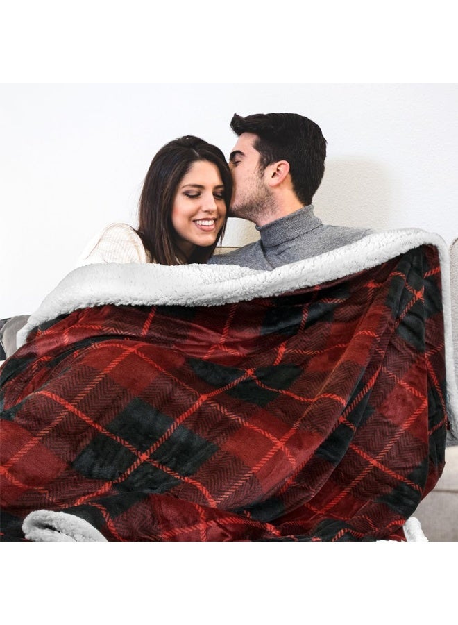 130Cm X 150Cm Plaid Red  Premium Plaid Fleece Sherpa Throw Blanket Super Soft Cosy Lightweight Microfiber Reversible All Season For Couch Or Bed Red 130Cm X 150Cm