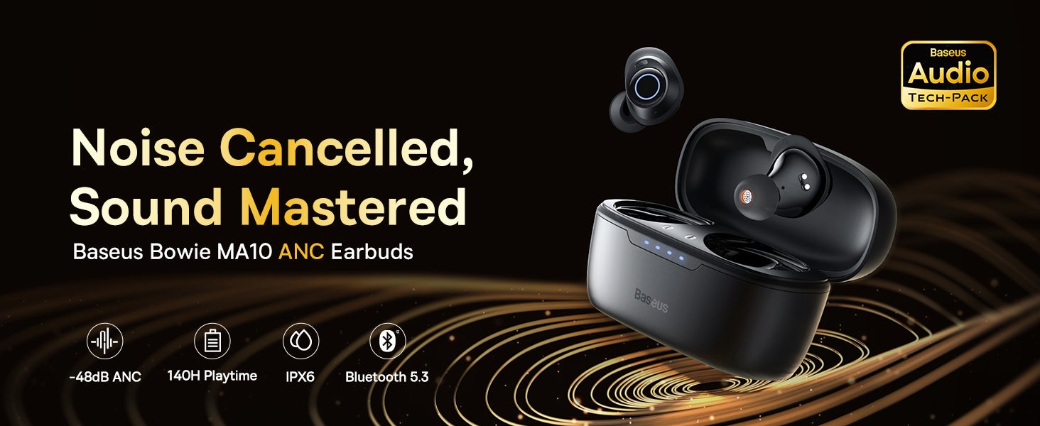 Active Noise Cancelling Wireless Earbuds, Bowie MA10 Reduce Noise by Up To 95%, 140H Battery Life, IPX6 Waterproof, Deeper Bass, 4 ENC Mics, Comfortable Fit, Bluetooth 5.3 Ear Buds Black