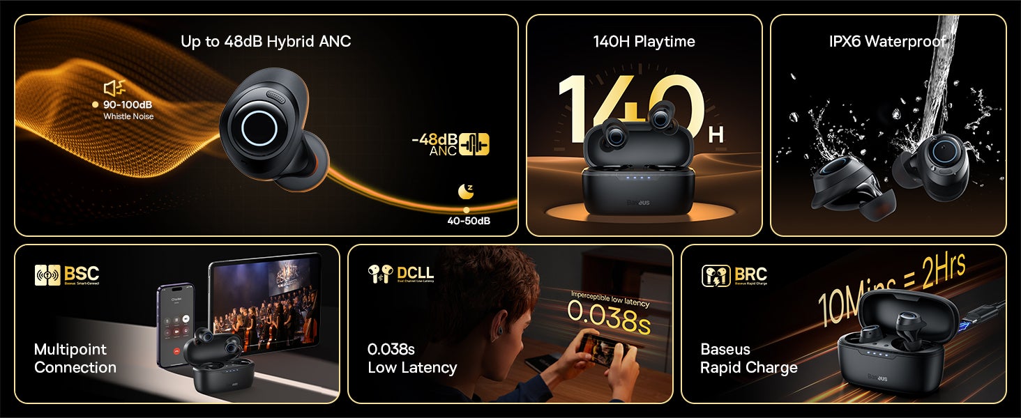 Active Noise Cancelling Wireless Earbuds, Bowie MA10 Reduce Noise by Up To 95%, 140H Battery Life, IPX6 Waterproof, Deeper Bass, 4 ENC Mics, Comfortable Fit, Bluetooth 5.3 Ear Buds Black