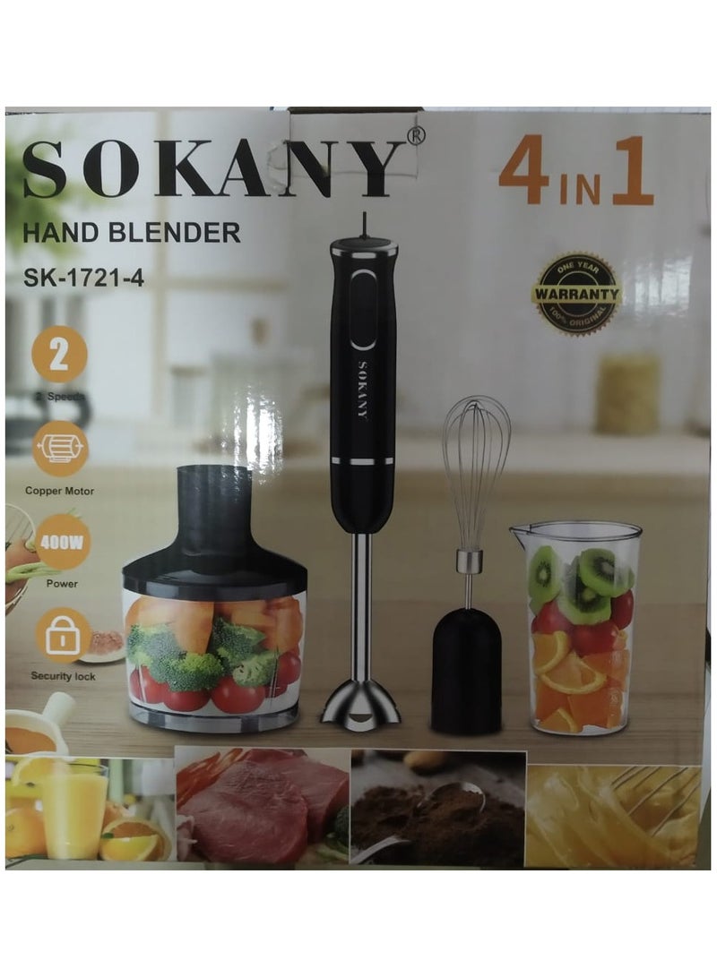 Sokany SK-1721-4 4-in-1 Multifunction Hand Blender Food Processor Electric Chopper 400W