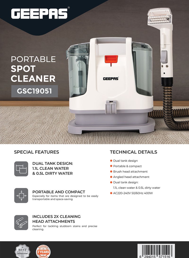 Portable Spot Cleaner-Dual Tank Design, 1.1 L and 0.5L Clean and Dirty Water Tanks/ 2 Cleaning Head Attachments, Lightweight and Compact Design, Perfect for Clean Carpets, Rugs, Upholstery etc 1.1 L 400 W GSC19051 White