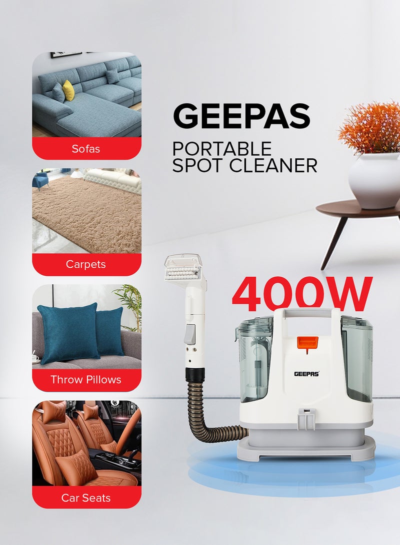 Portable Spot Cleaner-Dual Tank Design, 1.1 L and 0.5L Clean and Dirty Water Tanks/ 2 Cleaning Head Attachments, Lightweight and Compact Design, Perfect for Clean Carpets, Rugs, Upholstery etc 1.1 L 400 W GSC19051 White