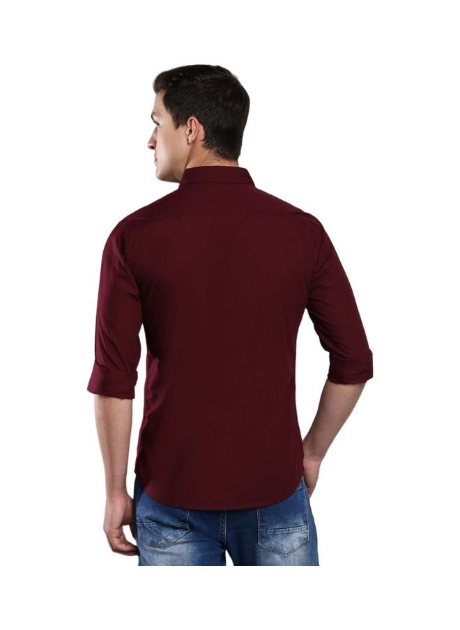 Men's Slim Fit Solid Maroon Casual Spread Collar Shirt - 100% Cotton