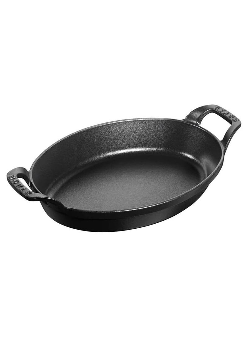 Staub Oval Dish 21 Cm Black. Stackable. Cast Iron Material. Matte Black Inner Enamel. Suitable For All Types Of Hobs Incl. Induction. Ovensafe. Grill Safe. Made In France.