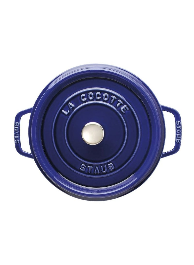 Staub Round Cocotte 24Cm Blue 3.8L Cast Iron Material Matte Black Inner Enamel. Lid With Aroma Rain Structure. Suitable For All Types Of Hobs Incl. Induction. Ovensafe. Grill Safe.