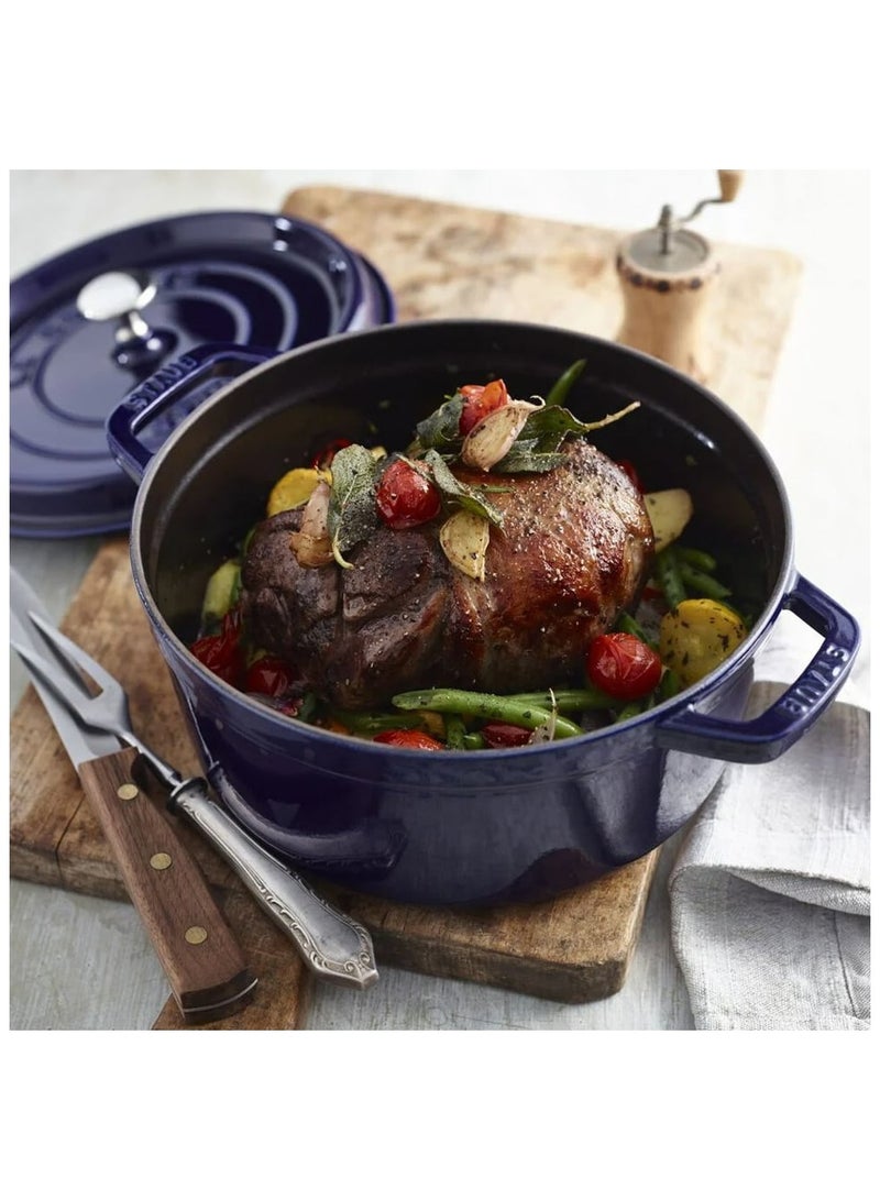 Staub Round Cocotte 24Cm Blue 3.8L Cast Iron Material Matte Black Inner Enamel. Lid With Aroma Rain Structure. Suitable For All Types Of Hobs Incl. Induction. Ovensafe. Grill Safe.