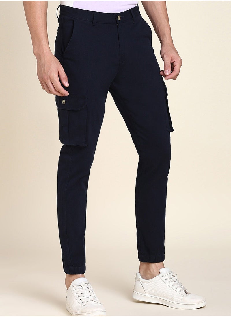 Navy Casual Trousers for Men - Slim Fit, Cotton Lycra