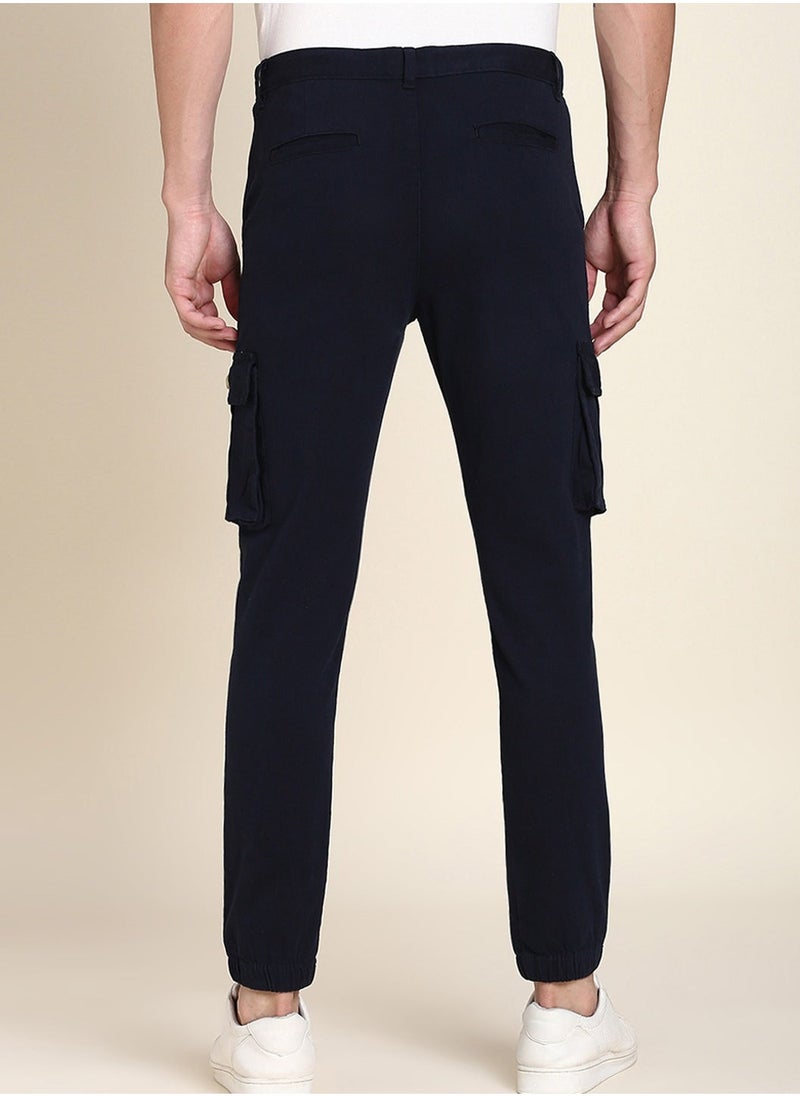 Navy Casual Trousers for Men - Slim Fit, Cotton Lycra