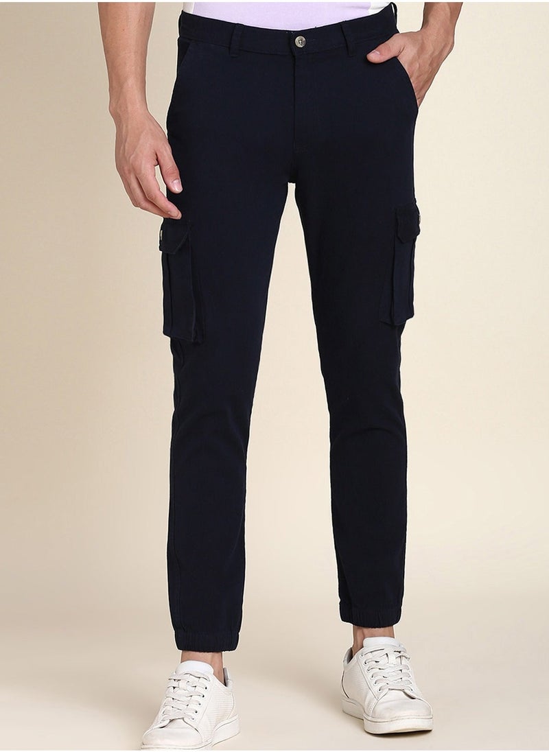 Navy Casual Trousers for Men - Slim Fit, Cotton Lycra