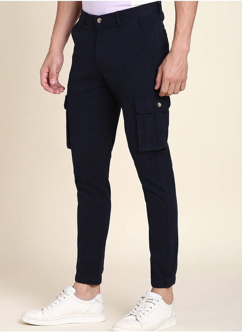 Navy Casual Trousers for Men - Slim Fit, Cotton Lycra